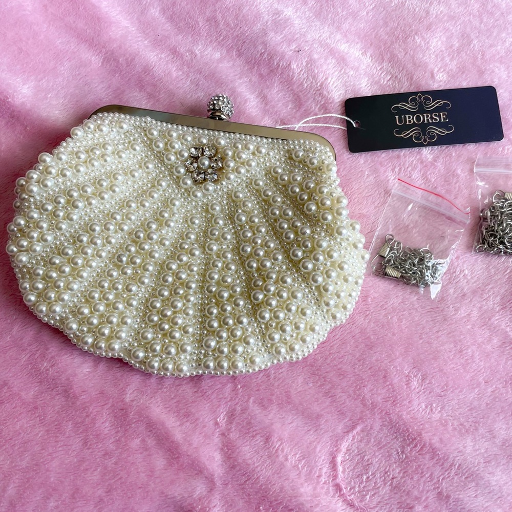 Pearl Beaded Clutch Handbag Purse with Detachable Chain Straps
